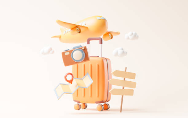 istock Cartoon style luggage with travel theme, 3d rendering. 1466539375