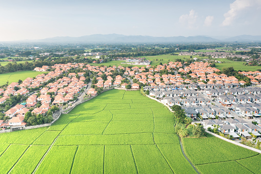 Land, landscape of green field in aerial view. Include agriculture farm, house building, village. That real estate or property. Plot of land to housing subdivision, development, sale or investment.