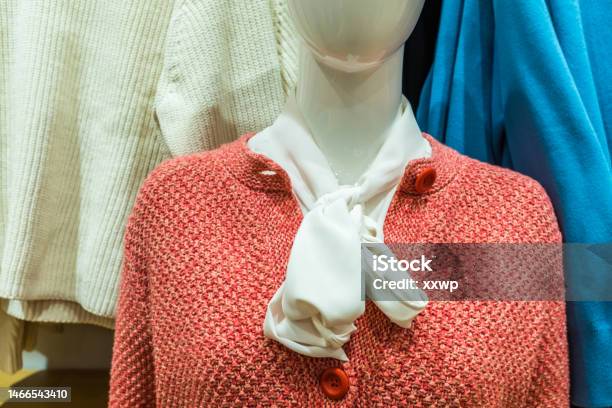 Female Casual Wear With White Scarf On Mannequin Stock Photo - Download Image Now - Autumn, Backgrounds, Blouse