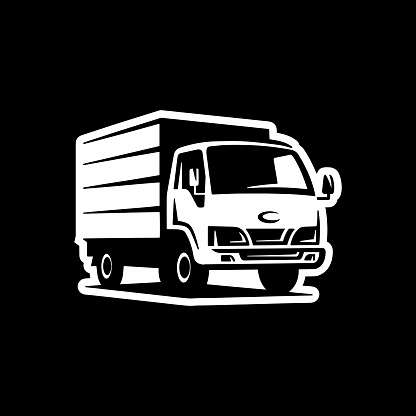 Freight truck line art. Box truck vector icon on dark background