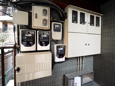 An electric meter installed in a multi-tenant building. Taken in Bunkyo Ward, Tokyo in February 2023.