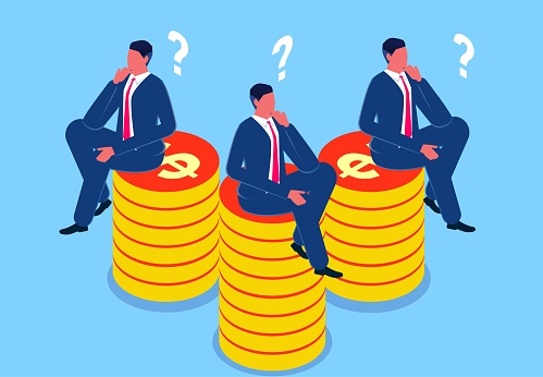 Business problems and troubles, money problems, career or business development frustrations, isometric three businessmen sitting on a pile of gold coins contemplating