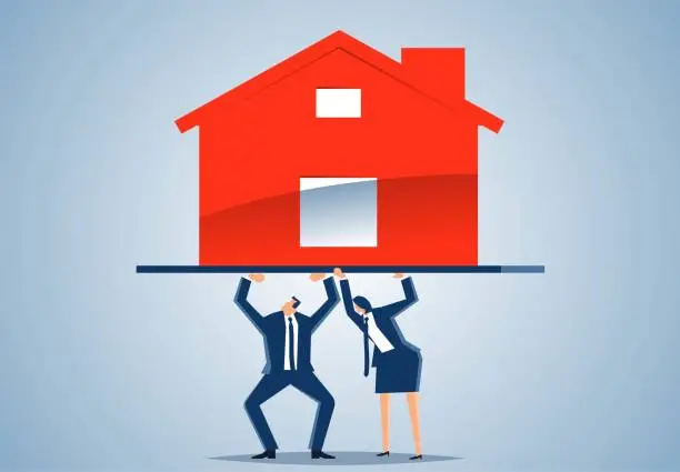 Vector illustration of Home loan pressure, mortgage installment purchase of a home, couple struggling to support a home on the balance bar