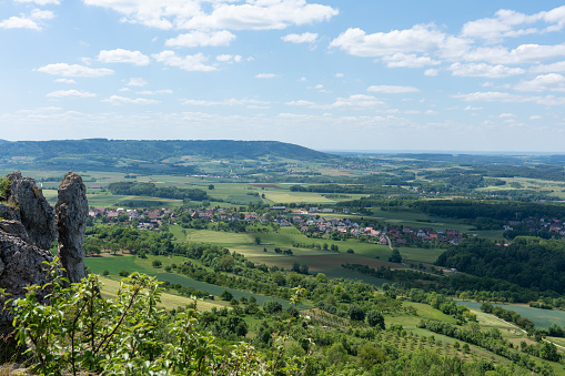 Beautiful view from the famous Franconian Walberla down into the valley in springtime