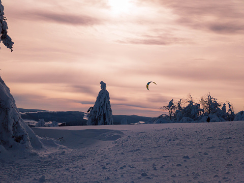 Winter wonderland at Wasserkuppe in Rhön Germany during sunset