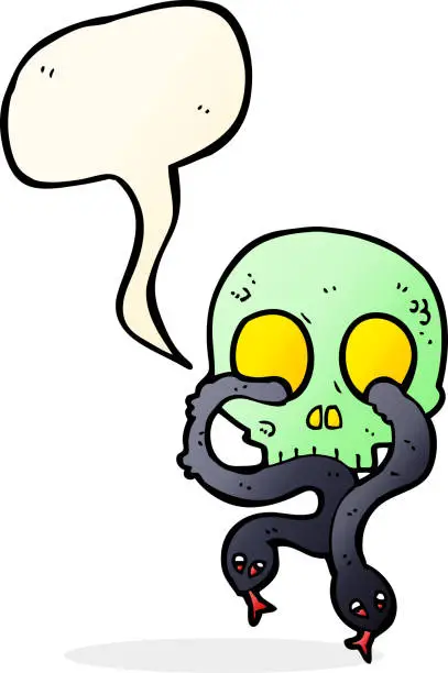 Vector illustration of cartoon skull with snakes with speech bubble