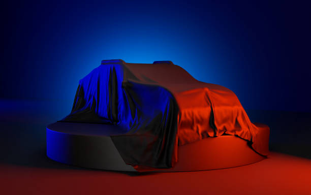 istock Car Covered with a Satin Fabric in an Exhibition for Unveiling on black background - 3D Illustration Render 1466561283