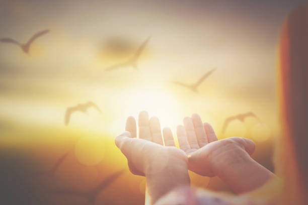 женщины и держание за руки и небо во время восхода солнца .концепция свободы - heaven women sunrise inspiration стоковые фото и изображения