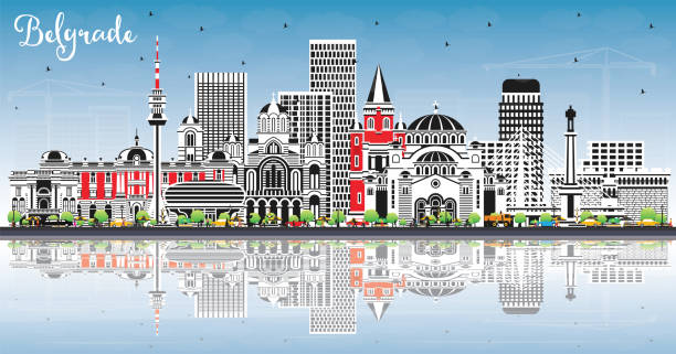 ilustrações, clipart, desenhos animados e ícones de belgrado sérvia horizonte da cidade com edifícios de cor, céu azul e reflexos. ilustração vetorial. paisagem urbana de belgrado com pontos de referência. - belgrade churches