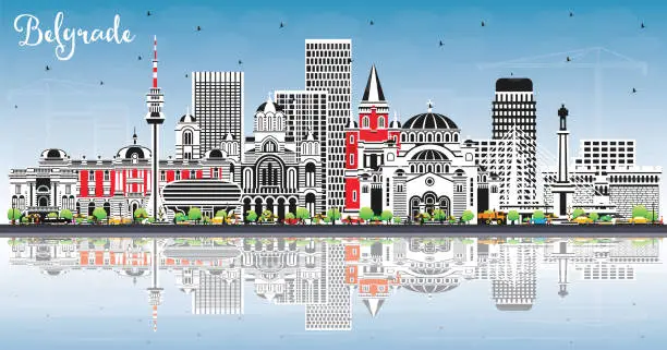 Vector illustration of Belgrade Serbia City Skyline with Color Buildings, Blue Sky and Reflections. Vector Illustration. Belgrade Cityscape with Landmarks.