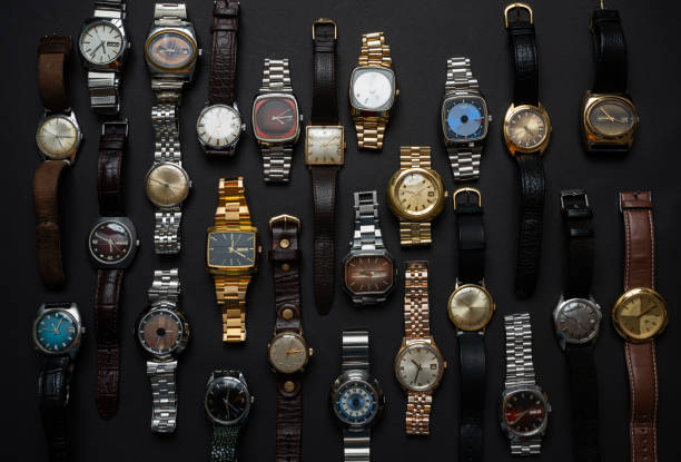 istock Group of vintage automatic and quartz watches on black background 1466568564