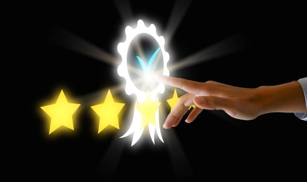 istock A finger tapping on highest quality assurance mark, excellent service, five stars, premium guarantee, high standards, top quality business. Customer satisfaction, ISO certification, standardization 1466568639