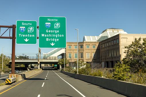 Jersey City, New Jersey, USA- 11.11.2022: road sign on highway road