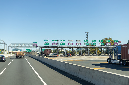 Jersey City, New Jersey, USA- 11.11.2022: E-Zpass toll plaza on interstate highway road