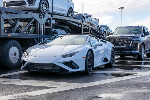 Jersey City, New Jersey, USA- 12/26/2022: Lamborghini Aventodor trasporting on a truck