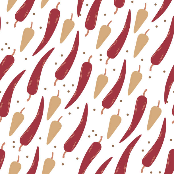 Seamless pattern black and red chilli peppers. Seamless pattern with black and red chilli peppers. Textile, fabrics. Vector isolated drawing. Vector illustration red bell pepper stock illustrations