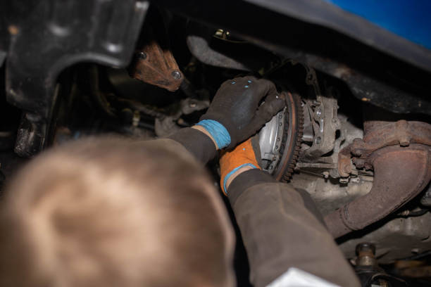 istock installing a new clutch kit on the car gearbox. 1466580159