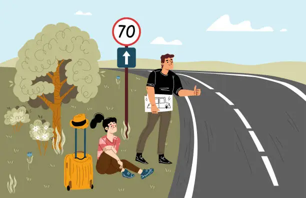 Vector illustration of Tourists hitchhikers on car road