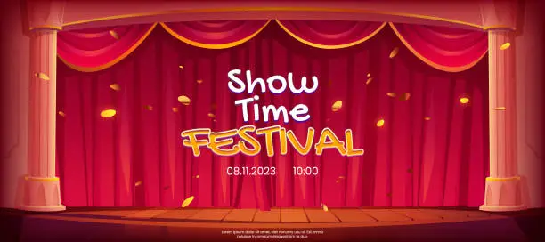 Vector illustration of Show time festival banner, theater stage, curtains