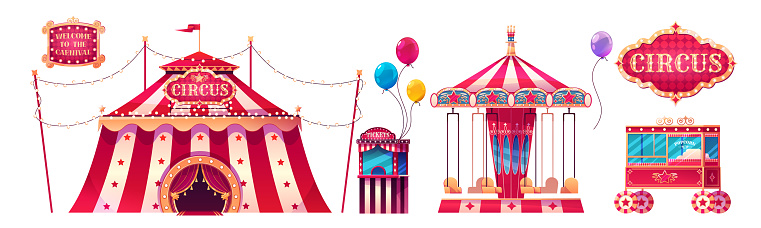 Circus tent, carousel, ticket booth and popcorn cart. Carnival funfair, amusement park with attractions, cirque canopy and kioskes isolated on white background, vector cartoon illustration