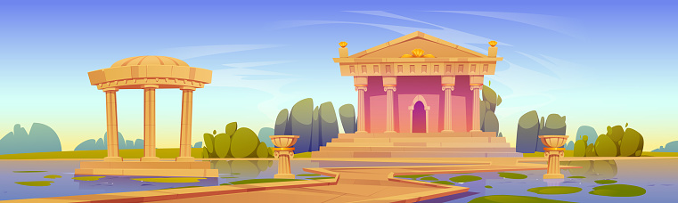 Ancient temple, antique architecture building with columns and paved pathway at water pond. Medieval Roman or Greece religious construction, famous historical landmark, Cartoon vector illustration