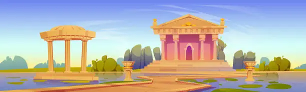 Vector illustration of Ancient temple, antique architecture building