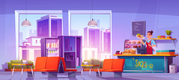 istock Cafe interior with city view, fast food canteen 1466582038