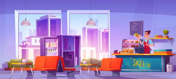 Vector illustration of Cafe interior with city view, fast food canteen