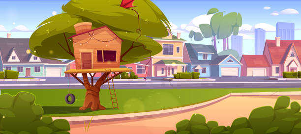 Tree house or hut at suburban street with cottages Tree house or hut at suburban street. Wooden construction with ladder and tyre swing for kids summer time recreation, games and activities in countryside with cottages, Cartoon vector illustration tire swing stock illustrations