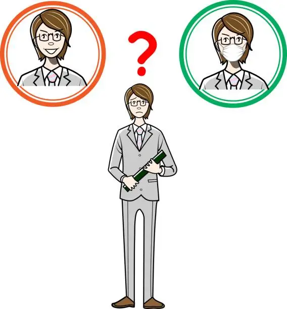 Vector illustration of A man in a suit wondering whether to wear a mask