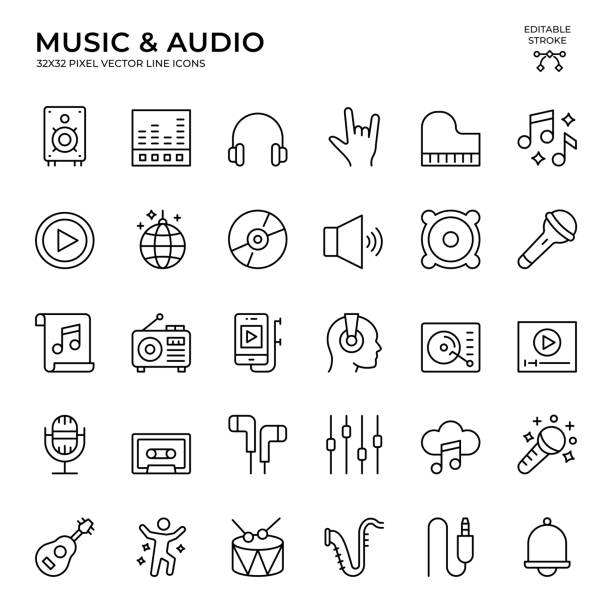 illustrazioni stock, clip art, cartoni animati e icone di tendenza di set di icone vettoriali di tratti modificabili di musica e audio - star shape audio