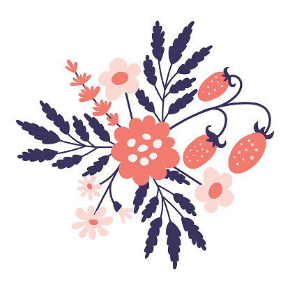 Cute hand drawn rural floral composition with pink, red, violet colors. Decorative isolated vector illustration, template