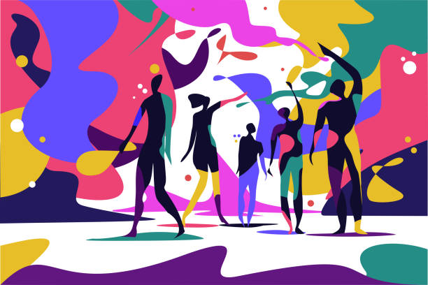 Group of people celebrating the Holi festival with colours vector art illustration
