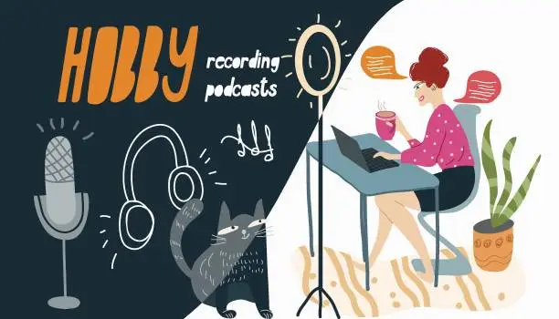 Vector illustration of Collage on the theme of recording podcasts, girl, woman records a podcast at home, vector illustration of cartoon characters.
