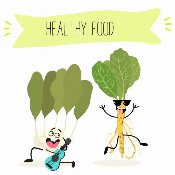 Vector illustration of Vector Illustration with funny cartoon characters horseradish, kohlrabi. Funny and healthy food. Vitamins, cute face food, ingredients, vegetarian, vector cartoon, antioxidant.