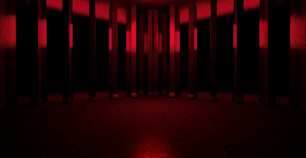 istock Futuristic Red Metallic Basement Underground Hall Illustrative Banner Background Wallpaper SciFi Concept 1466594600