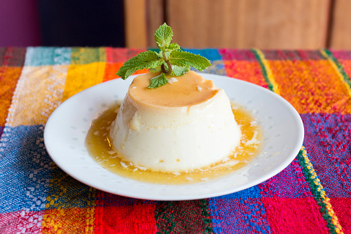 Egg Flan or Pudding made with organic eggs, yolks, milk, sugar and liquid caramel to cover it