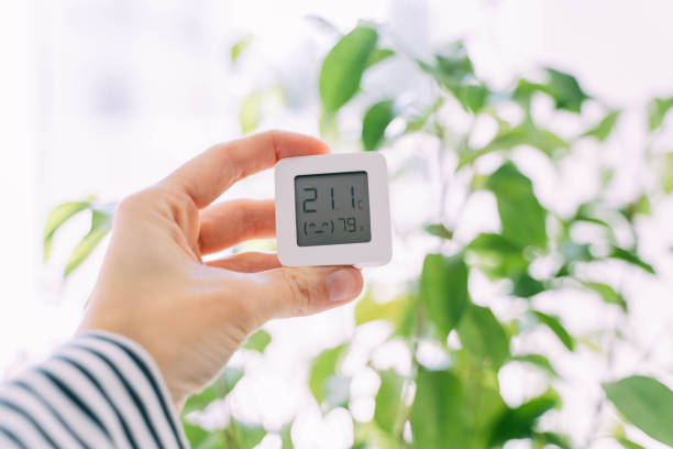 Temperature and humidity meter in hand at home. Temperature and humidity meter in a female hand on plants background. Comfortable climate at home. humidity stock pictures, royalty-free photos & images