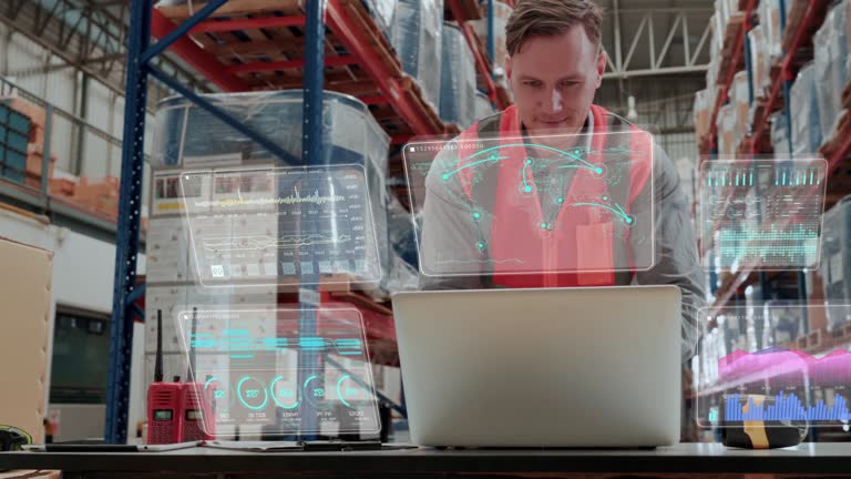 Smart Warehouse Management System Concept : Male Worker working with Futuristic Animation Effect Shows Online Connectivity of Every Unit to the Logistics Center.