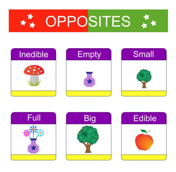 Vector illustration of Educational material for kids opposites words. Learning cards.