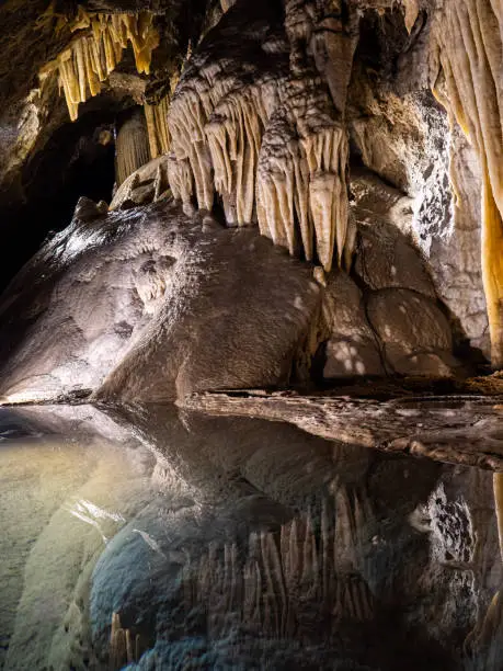 Cave in the Regional Park of the Apuan Alps characterized by stalagmites and lakes covered with crystals.