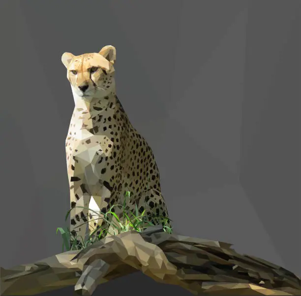 Vector illustration of Low Poly Cheetah with log and grass