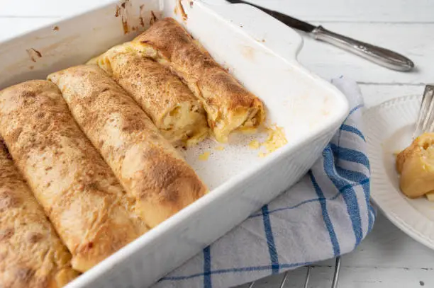 Delicious homemade pancakes filled with creamy lemon quark filling and baked in a casserole dish. Topped with cinnamon