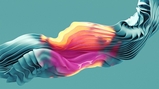 Merging glowing and opaque structures, flowing and morphing, 3d render.