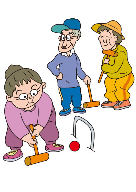 Elderly men and women enjoying gateball for health Elderly men and women enjoying gateball for health life stile stock illustrations