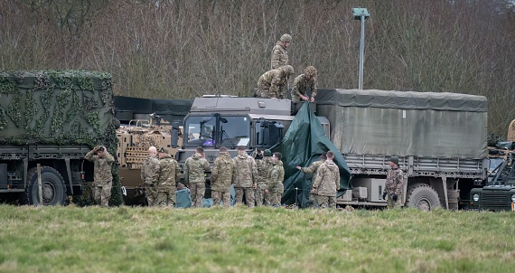 Salisbury, United Kingdom – February 05, 2023: UK army regiment preparing for a mock battle