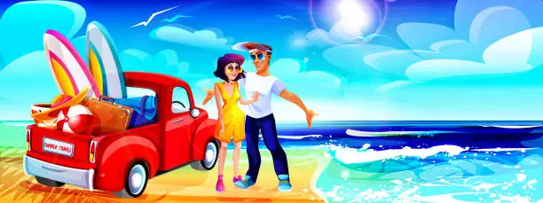 Vector illustration of Camping and tourism concept in cartoon style. A young couple of tourists with a pickup truck and equipment on the seashore on a clear sunny summer day.