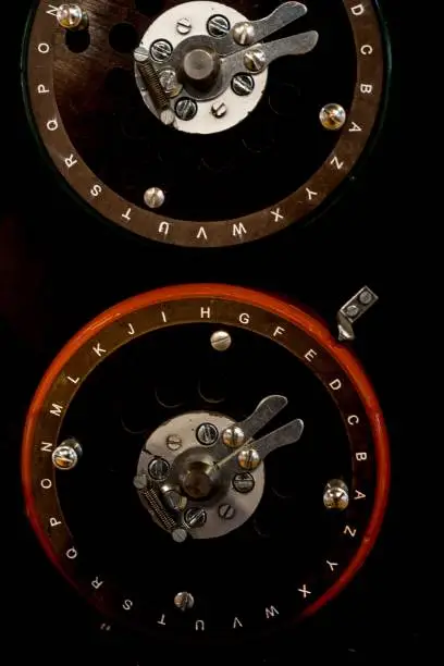 Photo of Closeup of indicator dials from the famous 'Bombe' machine at Bletchley Park