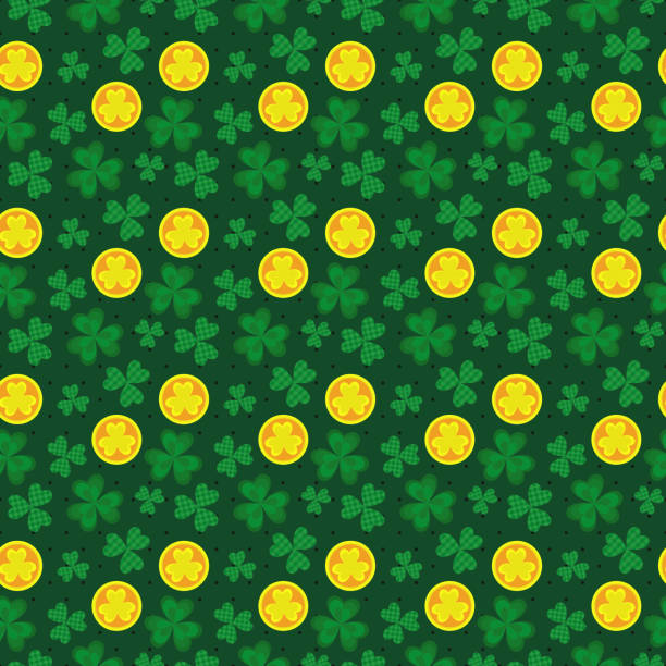 ilustrações de stock, clip art, desenhos animados e ícones de saint patricks day pattern with elements of gold coin and variable shamrocks - saint patricks banner green beer patrick leprechaun hat