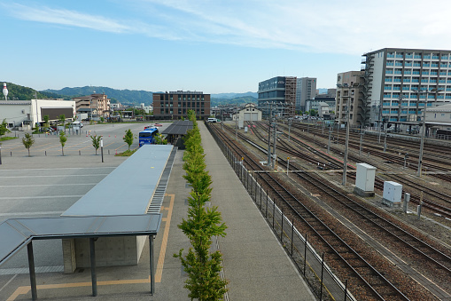JR Takayama Station with its beautiful Japanese-style station building in Takayama City, Gifu Prefecture, on a sunny morning in May 2022